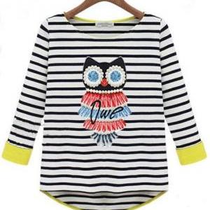 Cute Owl Print Striped High Low Hem T Shirt -..