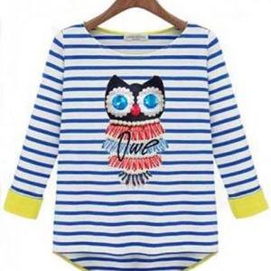 Cute Owl Print Striped High Low Hem T Shirt - Blue