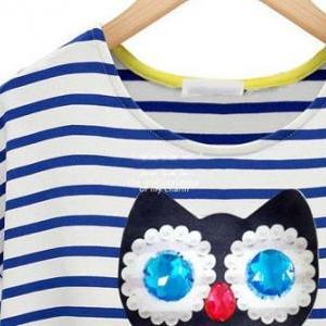 Cute Owl Print Striped High Low Hem T Shirt - Blue