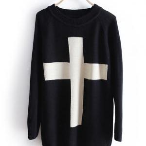 Fashion Cross Pullover Long Sleeve Sweater - Black