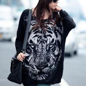 Vogue High Low Hem Tiger Print Black T Shirts