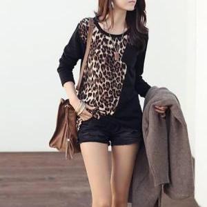 Sexy Leopard Paned Black Long Sleeve Tees For..