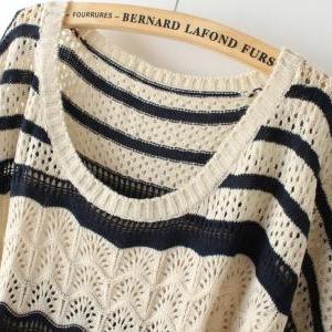 Fashion Woman Stripe Print Batwing Sleeves Sweater