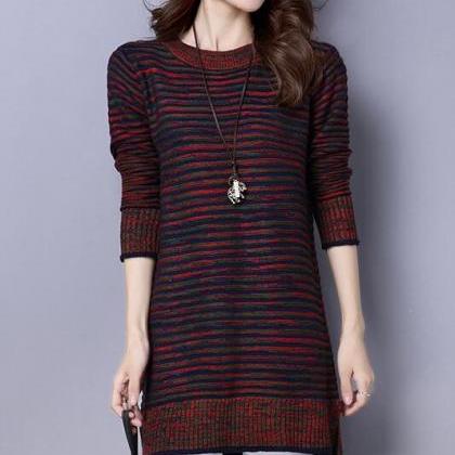 Strip Loose Long Sleeve Long Pattern Sweater Dress