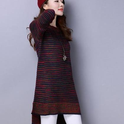 Strip Loose Long Sleeve Long Pattern Sweater Dress