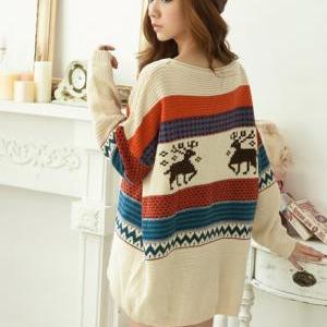 Loose Round Neck Long Sleeve Fawn Print Knitting..