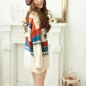 Loose Round Neck Long Sleeve Fawn Print Knitting..