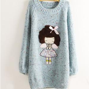 Cute Little Girl Pattern Loose Round Neck Batwing..