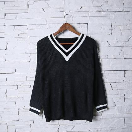 Woman V Neck Long Sleeve Student Sweater