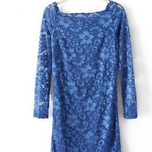 Fashion Lace Long-sleeved Dress - Blue