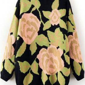 Pastel Big Flowers Print Jumper Sweater For Woman