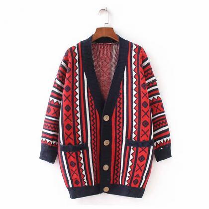 Ethnic Style Multicolor Argyle Cardigans Sweater..