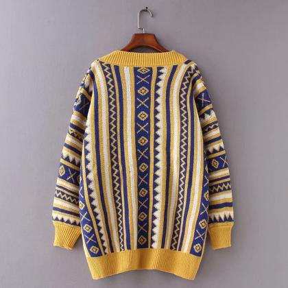 Ethnic Style Multicolor Argyle Cardigans Sweater..
