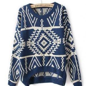 Geometry Pattern Knitting Wool Pullovers - Dark Blue on Luulla