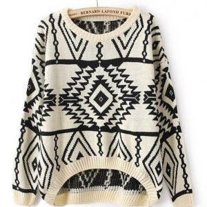 Geometry Pattern Knitting Wool Pullovers - Beige
