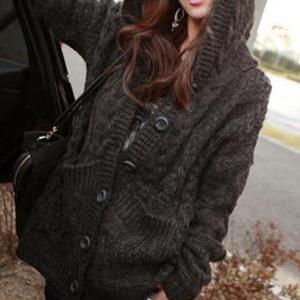 Winter Hooded Collar Long Sleeve Cable Sweater -..