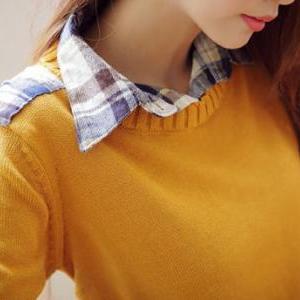 Plaid Paned Blue Turndown Collar Sweater - Orange