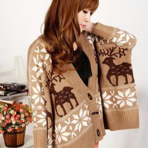 Fashion Loose Long Sleeve Button Fly Fawn Print..