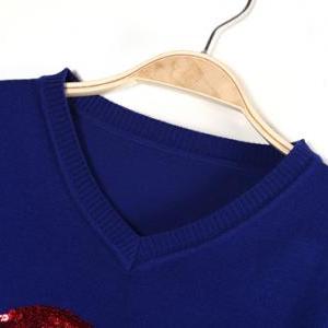 Lip Design Sequin Decoration V Neck Sweaters -..