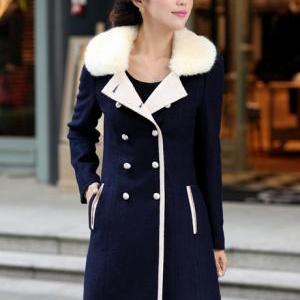 Fashion Cashmere Long Coat For Woman - Navy Blue