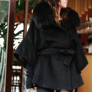 Star Style Fur Collar Black Button Fly Coat For..