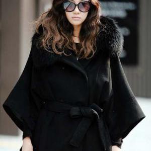 Star Style Fur Collar Black Button Fly Coat For..