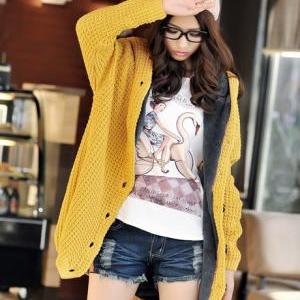 Hooded Collar Long Style Knitting Wool Sweater..