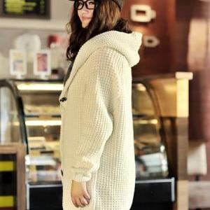 Hooded Collar Long Style Knitting Wool Sweater..