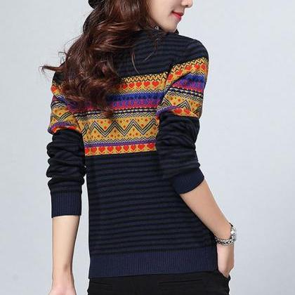 Stripe Pattern Print Round Neck Woman Pullovers -..
