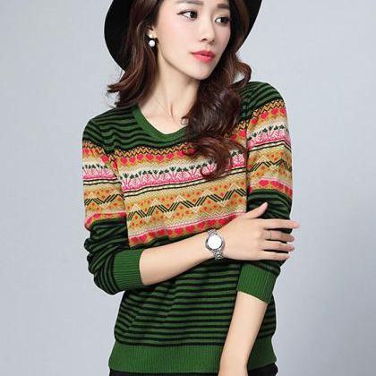 Stripe Pattern Print Round Neck Woman Pullovers -..