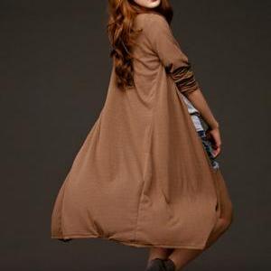 Casual Loose Long Sleeve Coffee Cotton Over Length..