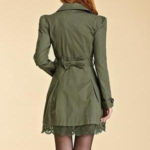 Lace Decoration Double Breasted Trench Coat - Army..