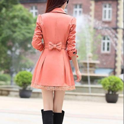 Lace Decoration Double Breasted Trench Coat - Pink