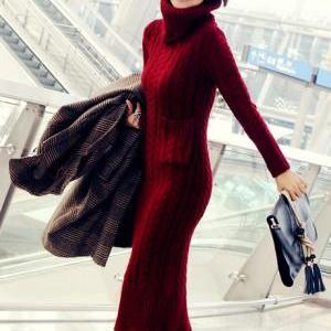 Turtleneck Long Sleeve Sweater Dress For Women -..