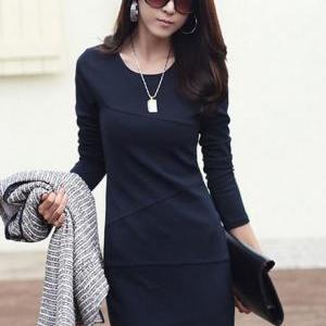 Laconic Long Sleeve Dress For Lady - Navy Blue
