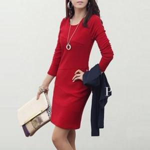 Laconic Long Sleeve Dress For Lady - Red
