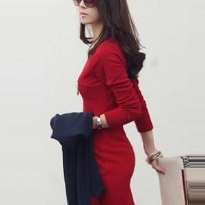 Laconic Long Sleeve Dress For Lady - Red