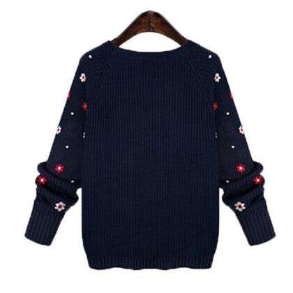 Cute Navy Blue Long Sleeve O-neck Pullovers..