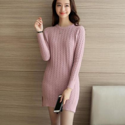 Retro Long Sleeve Women Slim Sweater Dress