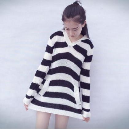 Striped Long Pattern Cardigans With Hat