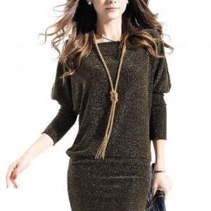 Sparkle Cotton Batwing Sleeve Straight Dress With..