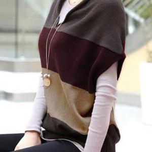 Comfortable Batwing Sleeve Color Matching V Neck..