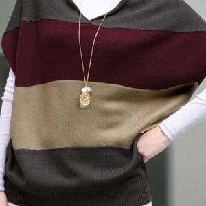 Comfortable Batwing Sleeve Color Matching V Neck..