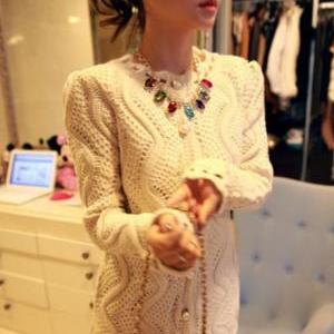 Formal Long Pattern Beige Button Closed Cardigans..