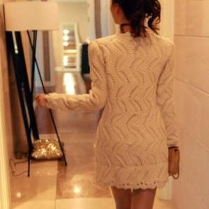 Formal Long Pattern Beige Button Closed Cardigans..