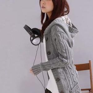 Winter Long Sleeve Button Fly Hooded Sweater Coat