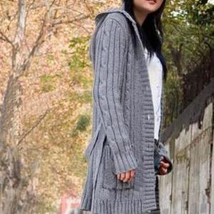 Winter Long Sleeve Button Fly Hooded Sweater Coat