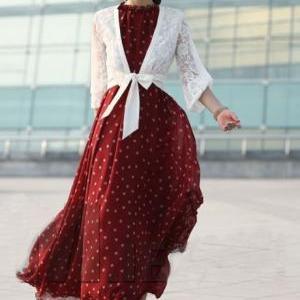 Lovely Polka Dot Print Chiffon High Waist Dress..