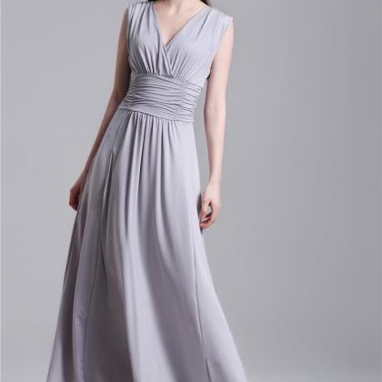 Sexy V Neck Grey Pleated Long Dress