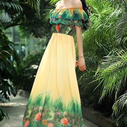 Fashion Off The Shoulder Long Maxi Dress - Yellow
